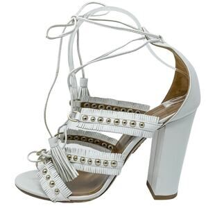 Aquazzura White Tulum Fringed Leather Studded Gladiator Sandal size 37.5